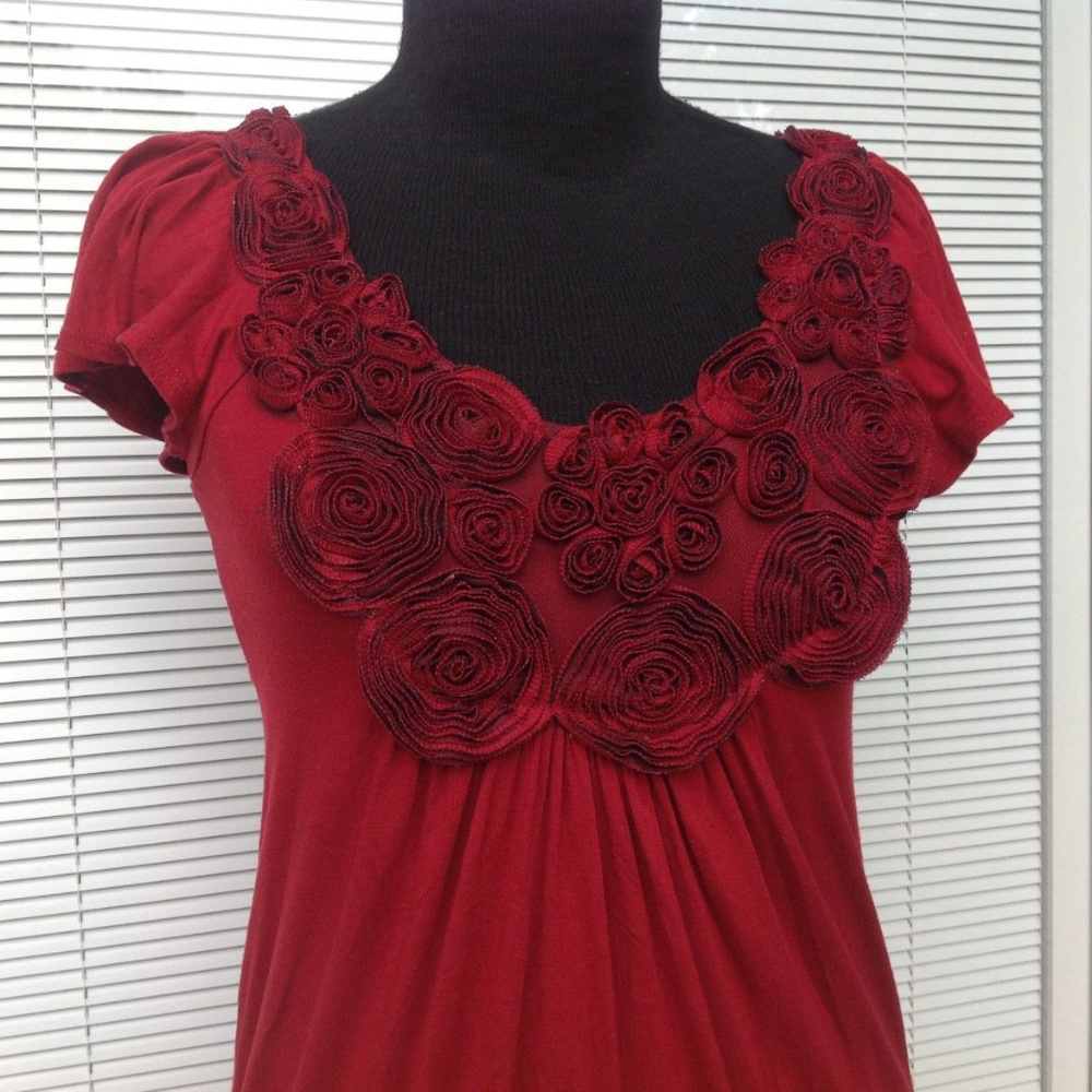 Red blouse top flower embelished ruched ruffle